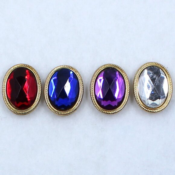 Four Oval Faceted Button Covers - Gold Tone Base - 1 Ea Red, Blue, Purple Clear - Picture 1 of 13